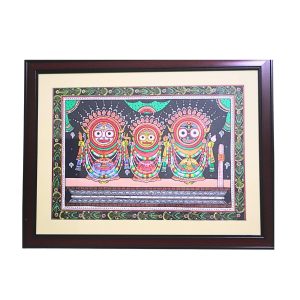 Framed Handcrafted Pattachitra Painting of Lord Jagannath, Balabhadra & Subhadra – Traditional Wall Décor